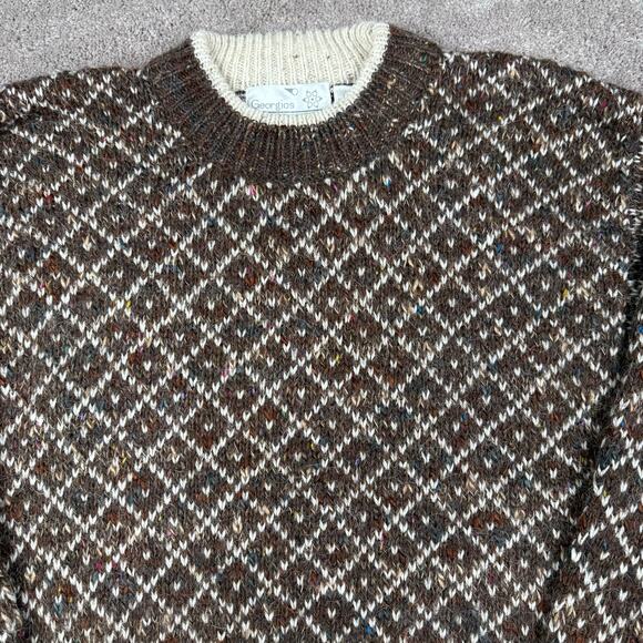 Vtg Brown Diamond Pattern Crewneck Sweater Size L Fair Isle Georgios - Picture 2 of 4